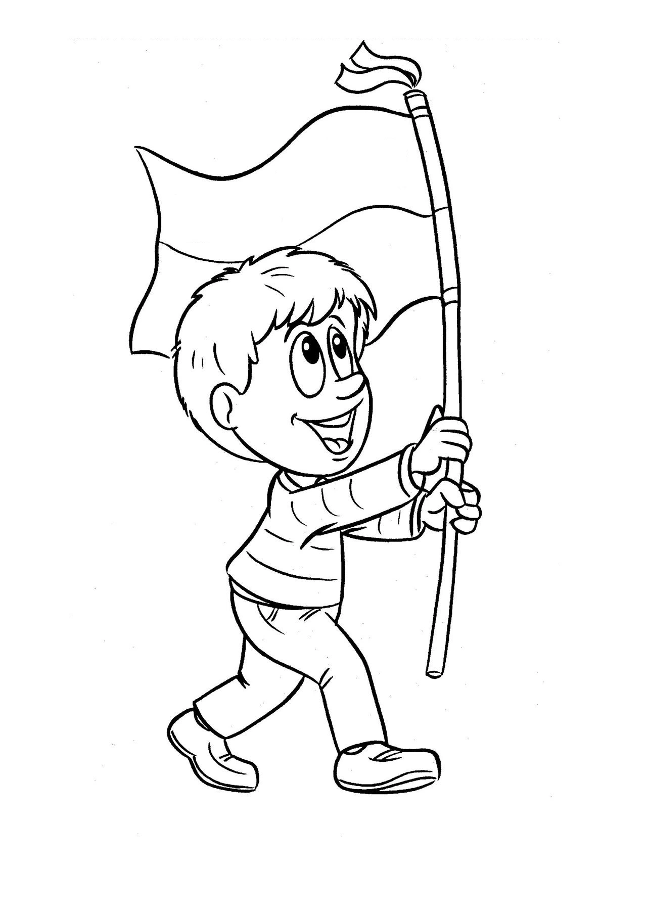 Coloring book boy carries a flag